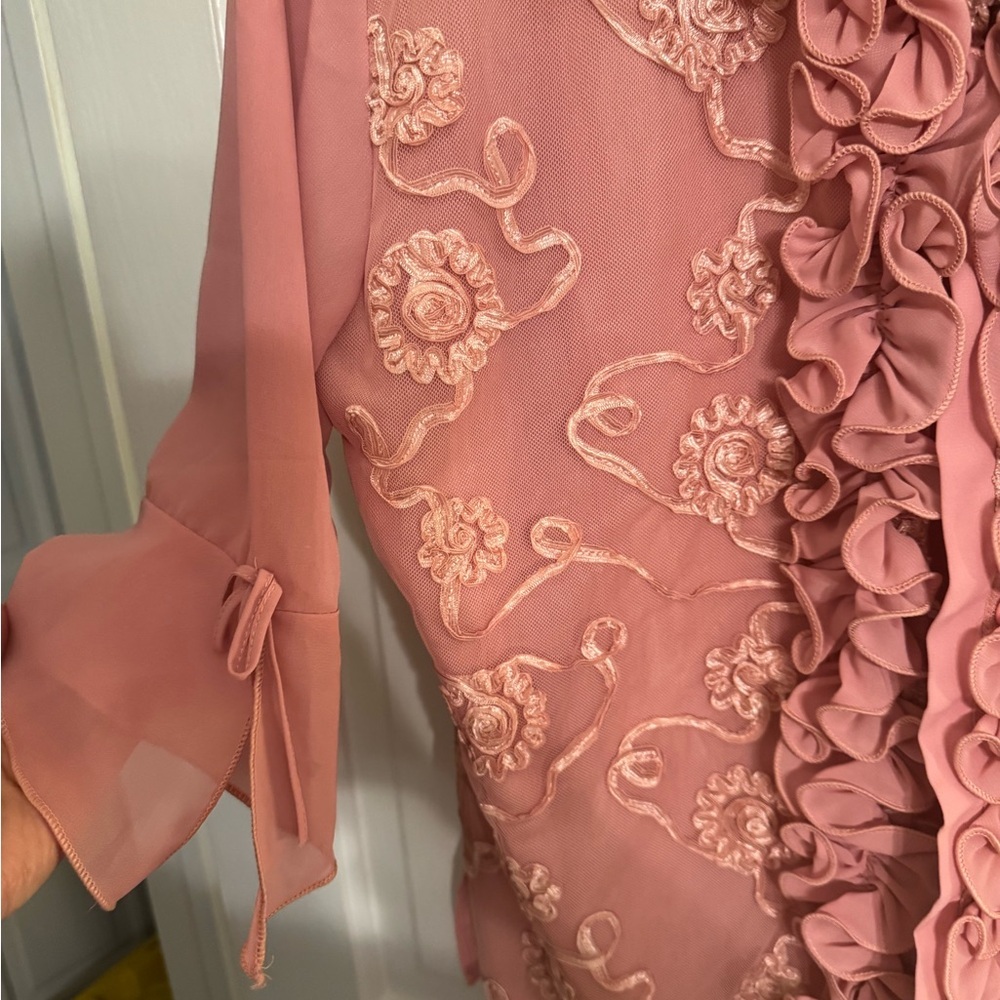 Vintage Pink Embroidered Ruffle Blouse Sheer Floral Tunic Top Boho Romantic - Picture 4 of 9